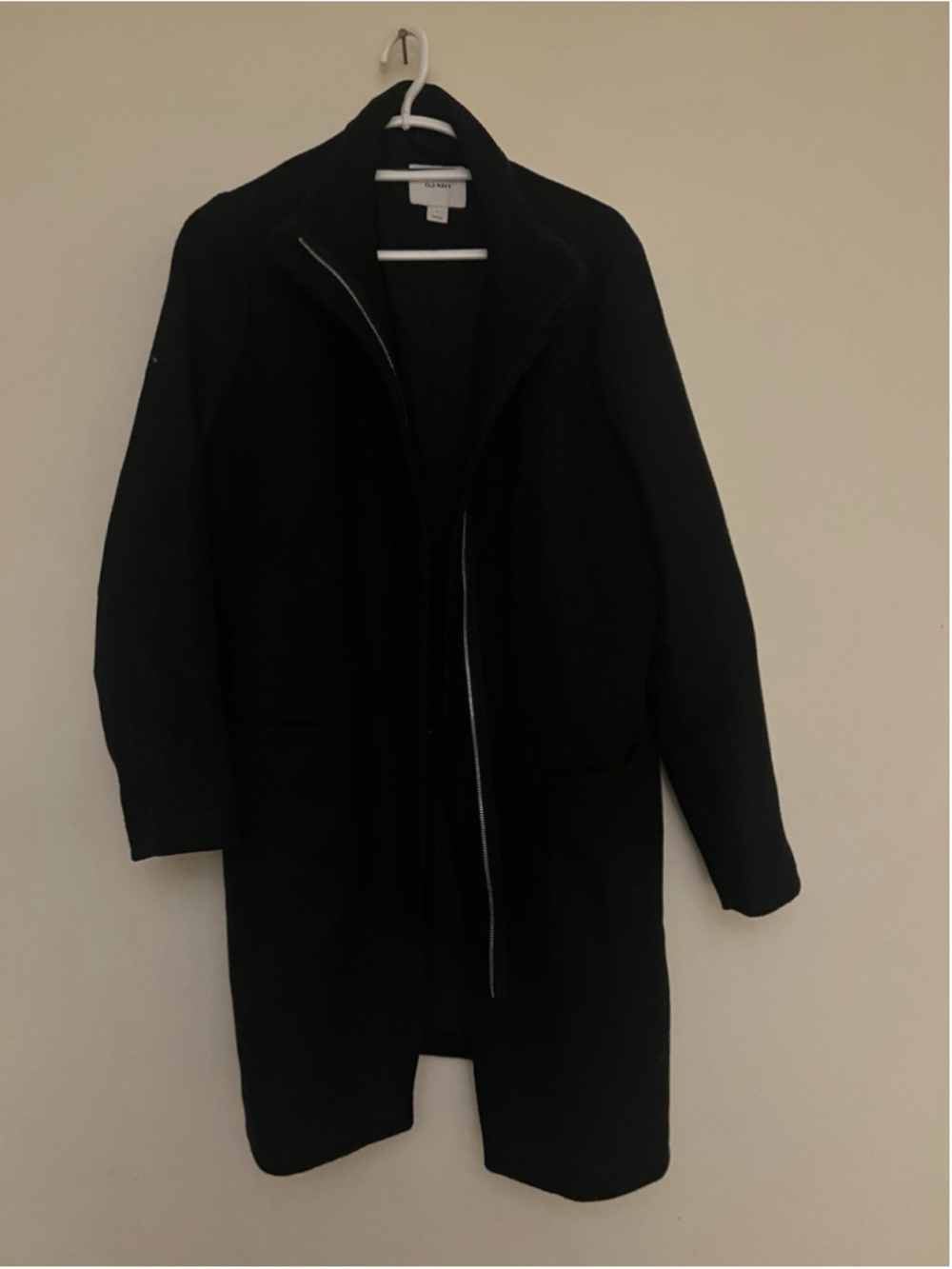 Old Navy Coat Mens Large Black Wool Overcoat Full Zip Stand Collar Mid Length
